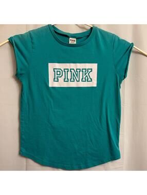 PINK Victoria's Secret Women's Teal Logo Graphic T-Shirt Cuffed Sleeve Size L